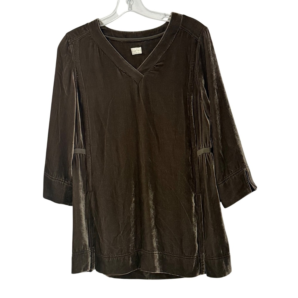 Poetry‎ Velvet Silk Blend Tunic Top Brown V-Neck 3/4 Sleeve Lagenlook - 6